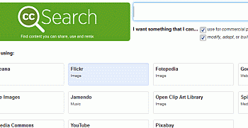 Bildschirmfoto der CC-Suche. Eingabefeld, Optionen der Suche nach freien Inhalten und Auswahl der Websites auf denen gesucht werden soll (z.B. Flickr, Google, Wikimedia) und ein Suchbutton.