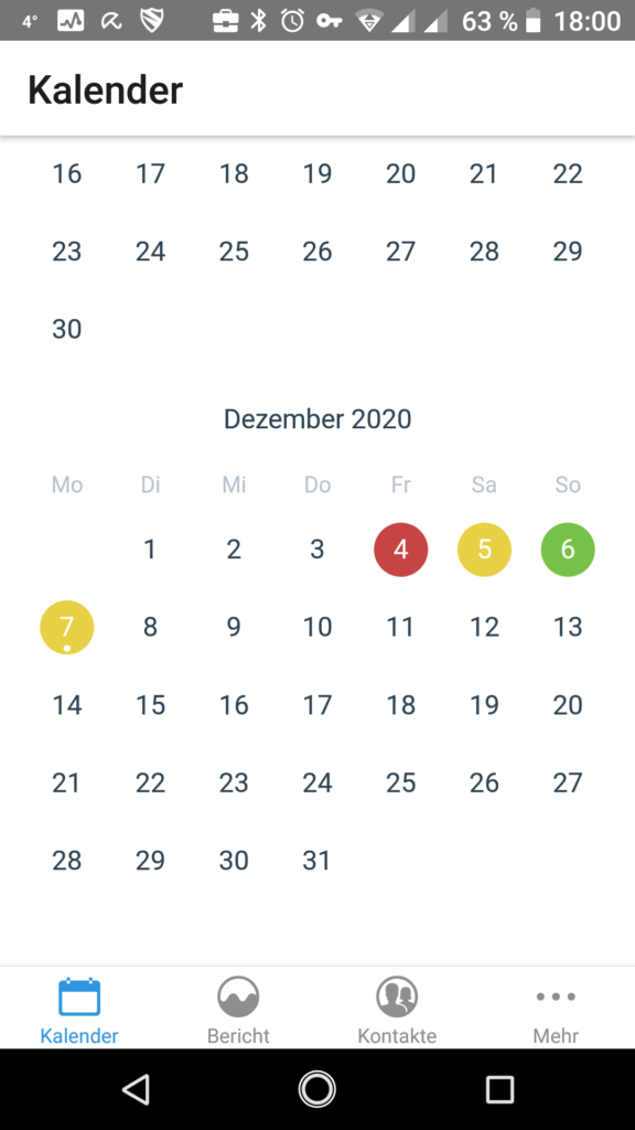 Kalender mit verschiedenfarbig markierten Tagen