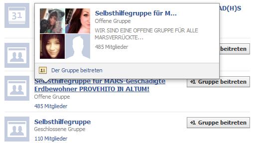 Eine Nachrichtenbox zeigt die Details der Facebookgruppe "Selbsthilfegruppe für Marsverrückte" mit Profilfotos der Teilnehmenden.