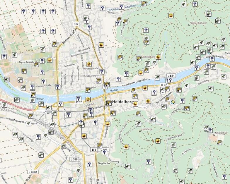 Übersicht der Geocaches in Heidelberg Stadtmitte.