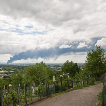 Blick in die Oberrheinische Tiefebene von Heidelberg in Richtung Mannheim. Eine große Rauchwolke zieht in Richtung Norden