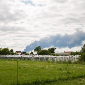 Blick in die Oberrheinische Tiefebene von Heidelberg in Richtung Mannheim. Eine große Rauchwolke zieht in Richtung Norden
