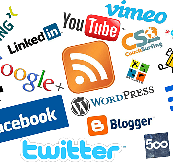 DIN A5 Seite mit Logos bekannter sozialer Netzwerke im Internet, z.B. Facebook, Twitter, Google+, Flickr, Youtube