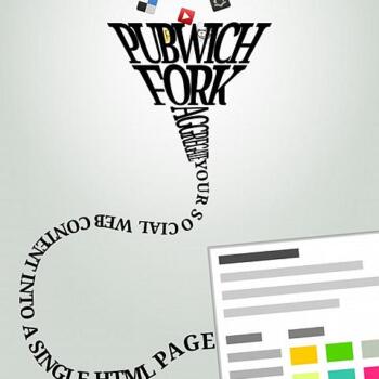 Logo von Pubwich Fork, schematisch: Logos von SocialMedia-Websites fallen in einen Trichter, der aus Buchstaben besteht und in einem langen Schlauch aus Buchstaben auf das schematische Abbild einer übersichtlichen Website mit Text und Bildern endet