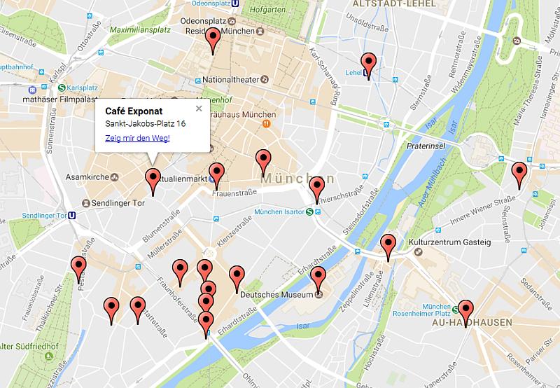 Straßenkarte mit Punkten ein Punkt ist ausgewählt und zeigt das Café Exponat