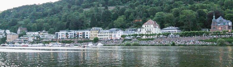 Blick auf den Neckar und die andere Neckarseite. Dort sind Boote und viele Zuschauer.