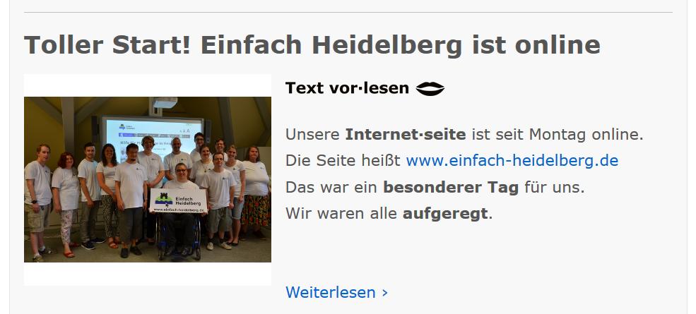 Bildschirmfoto der Webseite einfach Heidelberg mit der Mitteilung über dem Start der Seite