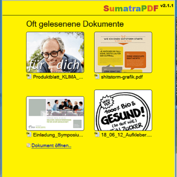 Sumatrapdf gestartet, obere Menüleiste zeigt einige Buttons, im Hauptfenster werden die vier zuletzt geöffneten Dokumente angezeigt