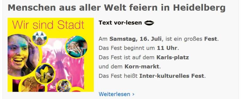 Bildschirmfoto der Webseite einfach Heidelberg mit der Mitteilung über eine Veranstaltung in Heidelberg.