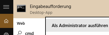 Kommandozeile als Administrator ausführen, mit der rechten Maustaste auf das Suchergebnis.