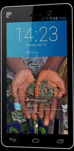 Foto eines aufrecht stehenden 4 Zoll Smartphones, Ein Bild im Hintergrund des Android Betriebssystems zeigt zwei Hände mit Rohstoffen darauf.
