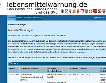 Bildschirmfoto der Website lebensmittelwarnung.de