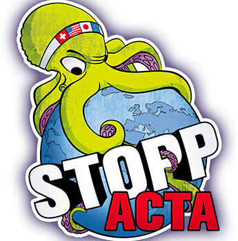 Logo: Datenkrake umschlingt den Erdball, Aufschrift: Stopp ACTA