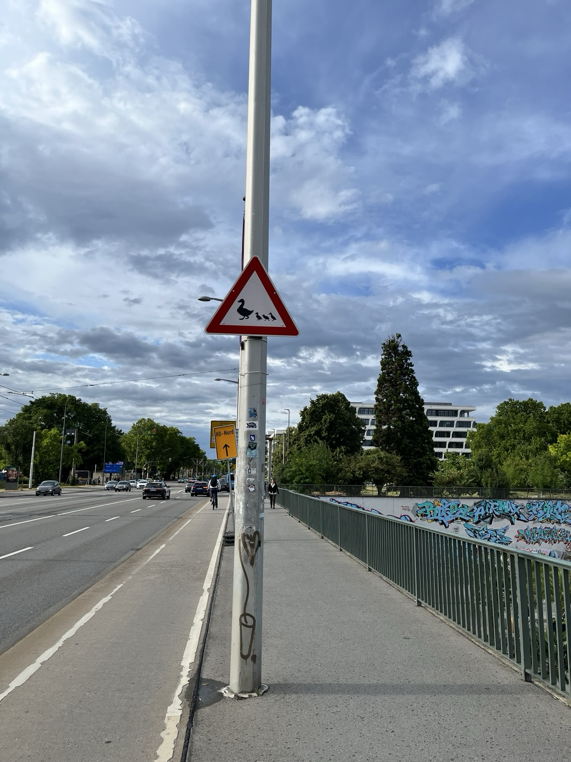 Ein Vorsicht Schild darin ein Schwan voran oder eine Gans und drei kleinere Vögel oder Küken dahinter. Das Schild hängt an einer Brücke, am Fahrradweg. 