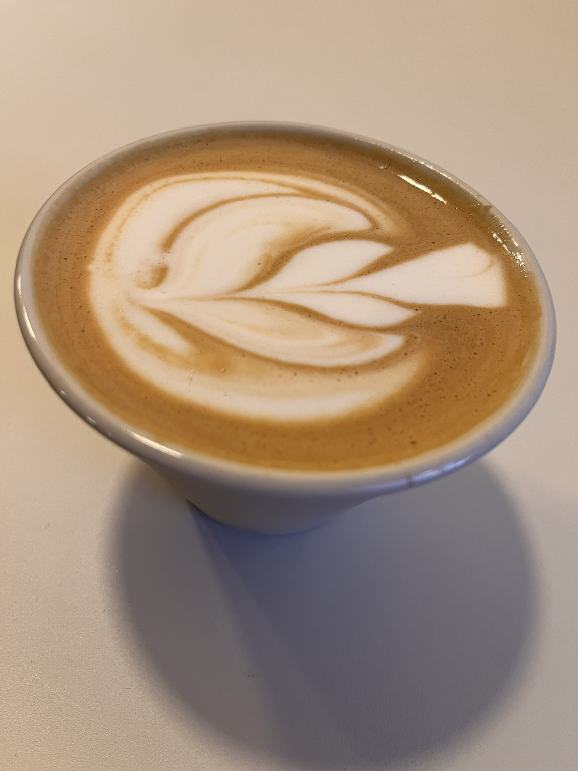 Tasse Hafermilchkaffee mit Latteart. Es könnte ein Blatt oder eine Pflanze sein. 