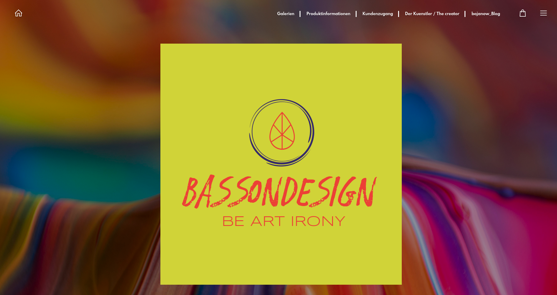 Bildschirmfoto der Website von Bojan. Hintergrund bunt, im Vordergrund ein Logo in gelb gehalten mit roter Schrift: Bassondesign - Be Art Irony