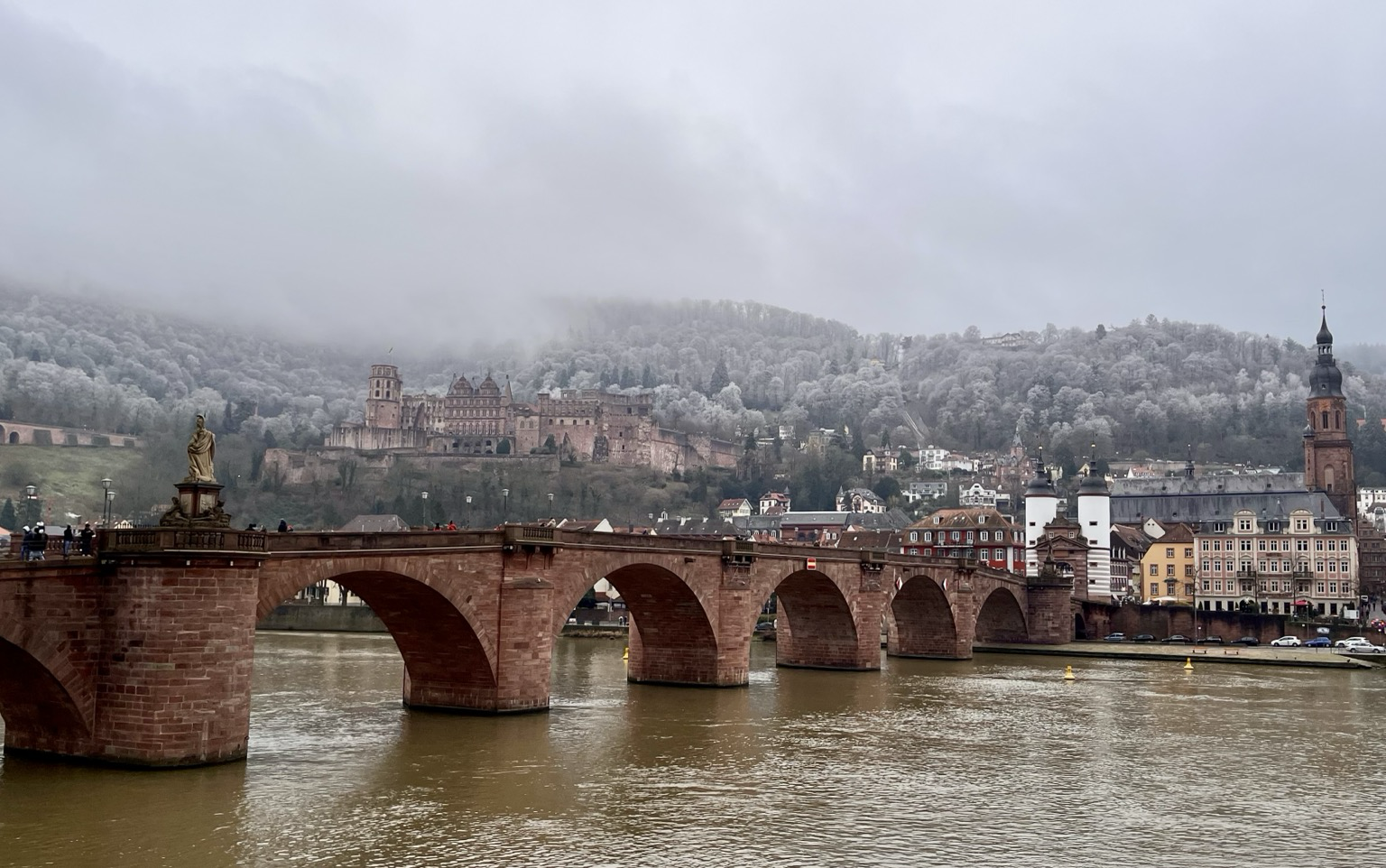 Typischer Blick auf die alte Brücke und das Heidelberger Schloss. Im Hintergrund ein vereister Berg. 