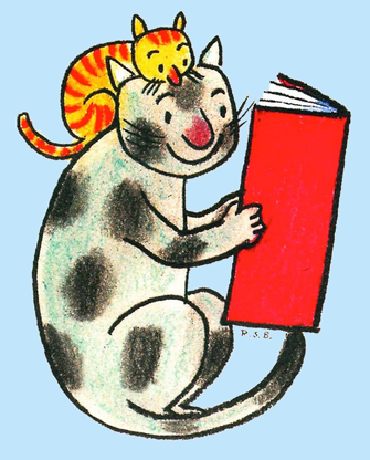 Logo des Vereins Leseleben. Ein gezeichneter Kater liest in einem großen roten Buch. Auf dessen Schulter sitzt eine getigerte kleine Katze, die ebenso in das Buch lugt.