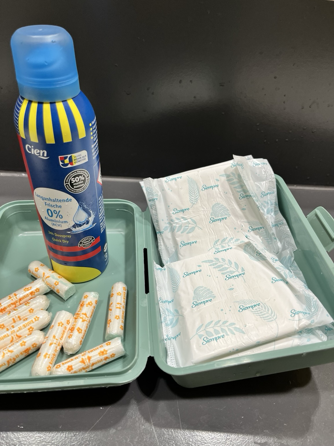 Eine Box mit Tampons und Slipeinlagen 