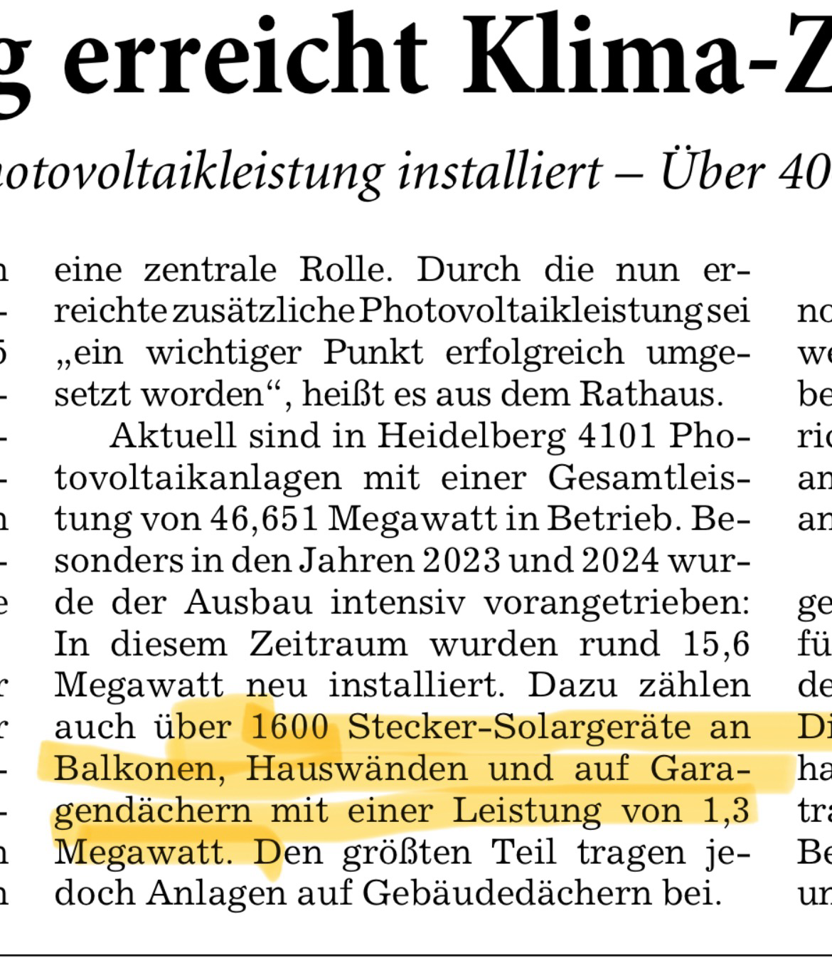 Ausschnitt eines Zeitungsartikels. Markiert sind 1600 Steckersolargeräte, die es in Heidelberg geben soll. 